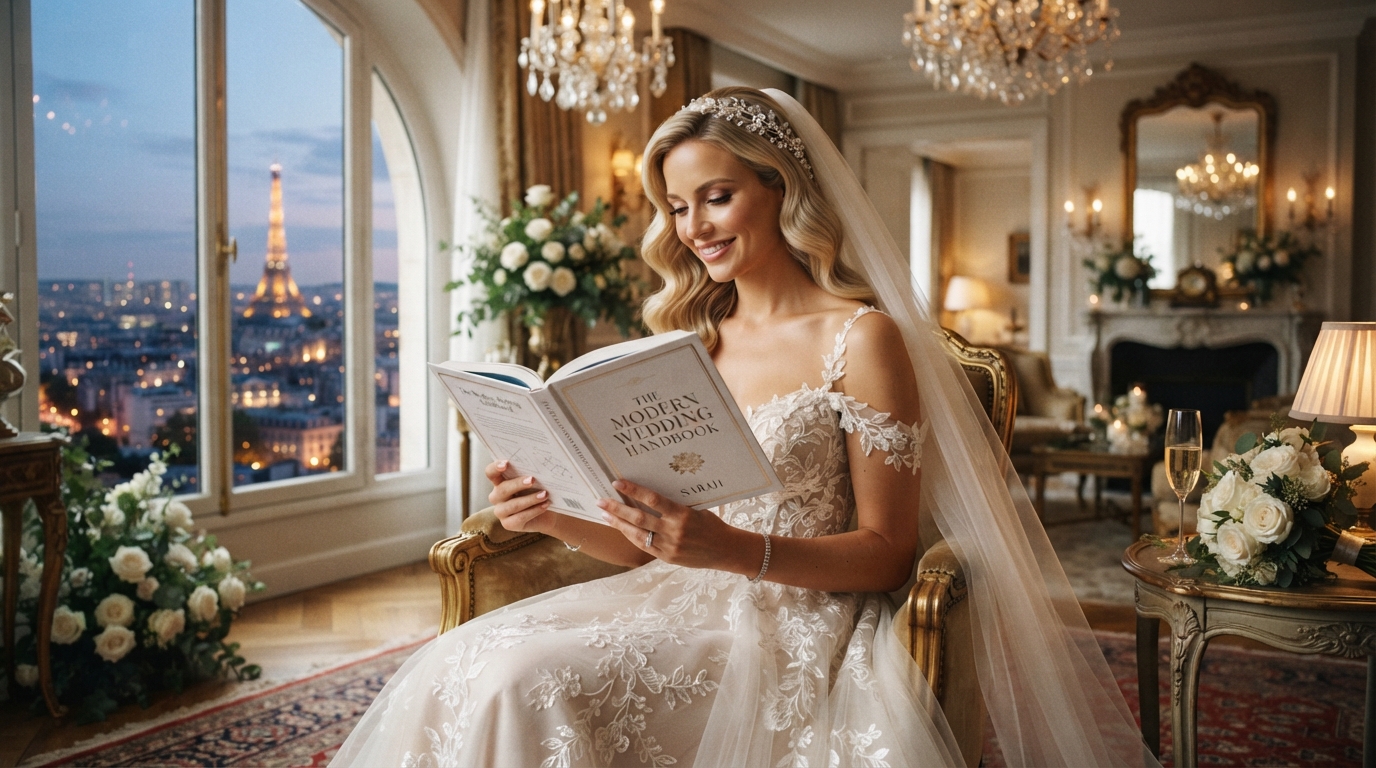Bride reading The Modern Wedding Handbook in an elegant Paris hotel suite with Eiffel Tower view — wedding planning inspiration and bridal style guide